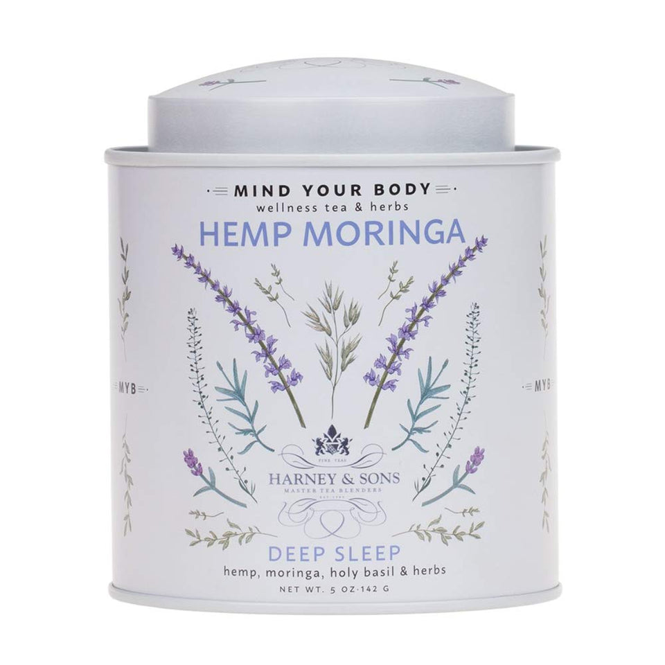 Harney & Sons Hemp Moringa Tea Blend tin close-up for calm evenings.