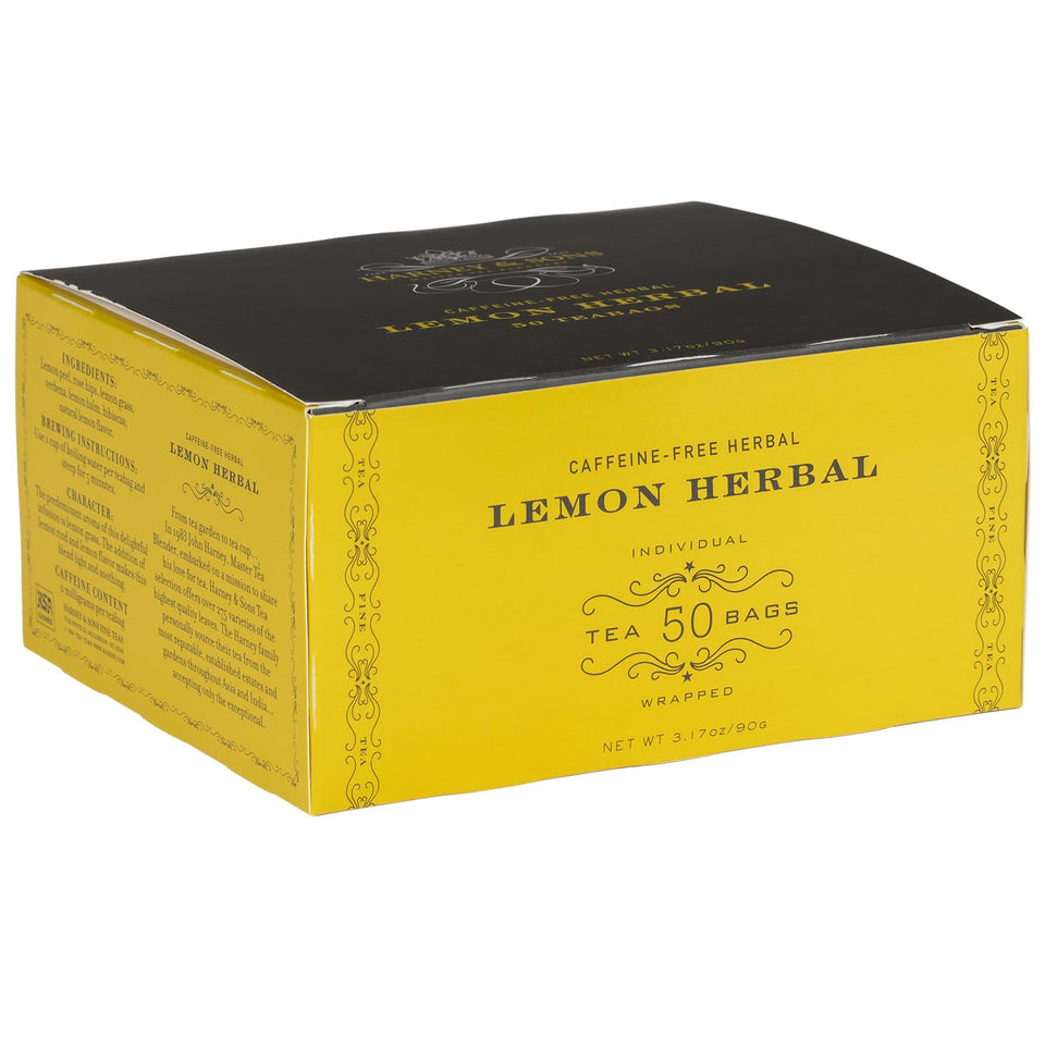 Harney & Sons Lemon Herbal Tea bag in a cup for a soothing evening.