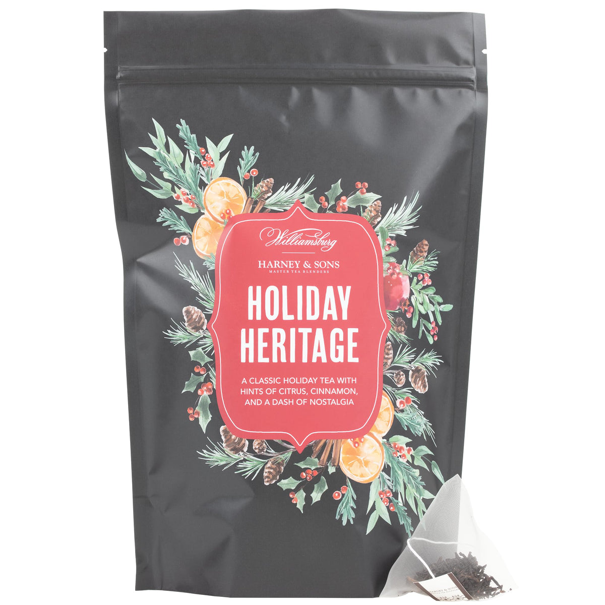 Harney & Sons Holiday Heritage Colonial Williamsburg blend tea sachet for a cozy holiday cup
