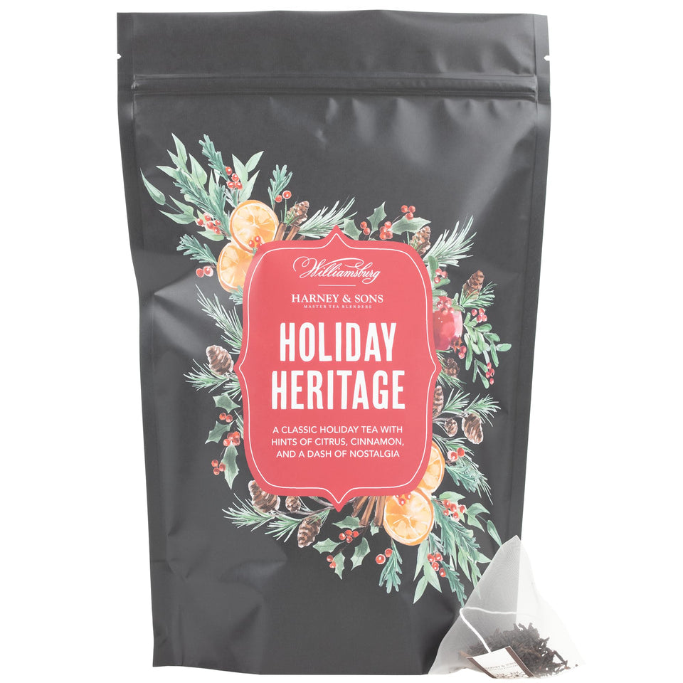 Harney & Sons Holiday Heritage Colonial Williamsburg blend tea sachet for a cozy holiday cup