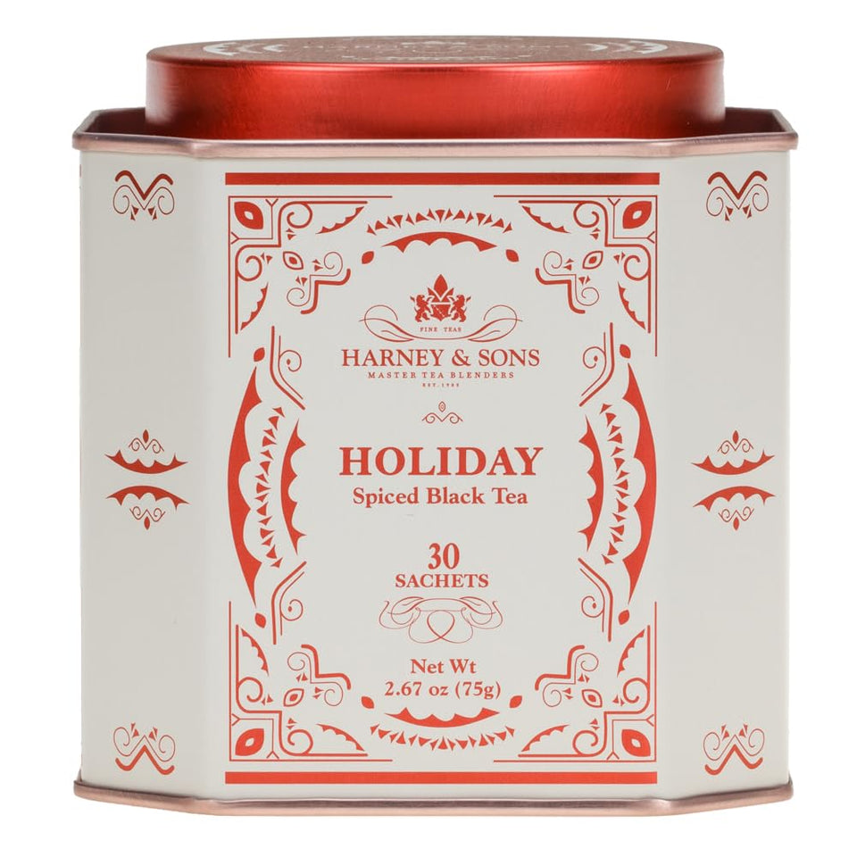 Harney & Sons Holiday Tea tin with 30 sachets for gifting or cozy winter mornings.