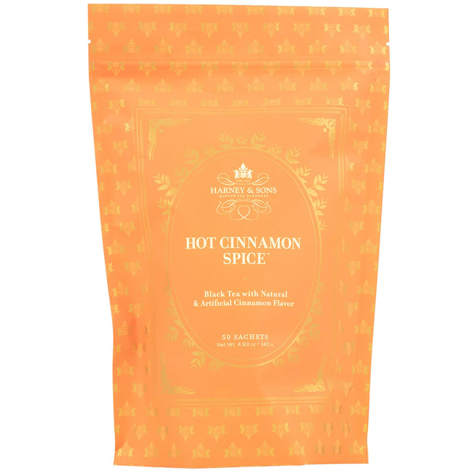 Harney & Sons Hot Cinnamon Spice packaging with 50 sachets for convenient daily brewing.