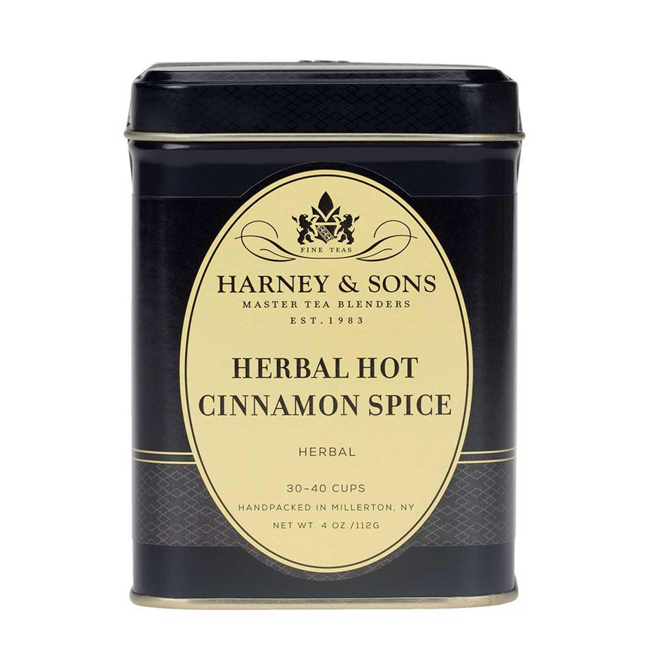 Harney & Sons Hot Cinnamon Spice rooibos tin highlights a caffeine-free herbal blend for cozy evenings.