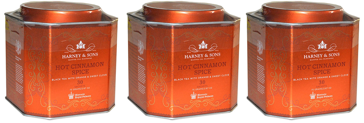 Harney & Sons Hot Cinnamon Spice tea sachets arranged for brewing a cozy cup.