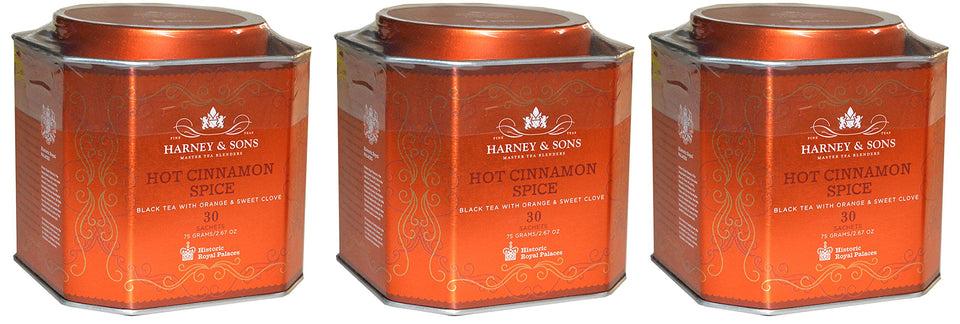 Harney & Sons Hot Cinnamon Spice tea sachets arranged for brewing a cozy cup.