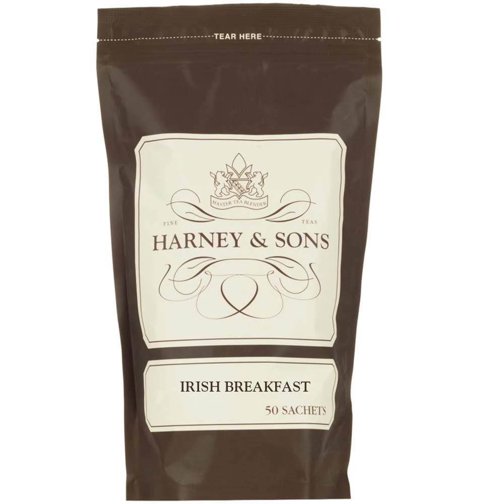 Harney & Sons Irish Breakfast Tea bag of sachets—bold Assam flavor for mornings.