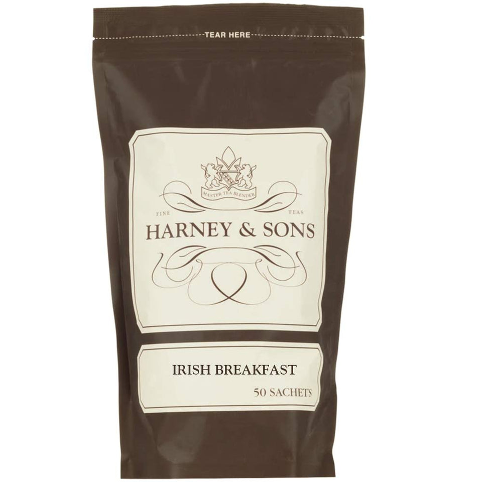 Harney & Sons Irish Breakfast Tea bag of sachets—bold Assam flavor for mornings.