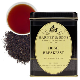 Harney & Sons Irish Breakfast Tea loose tea in an 8 oz tin delivers a bold morning boost.