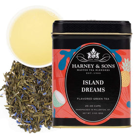 Harney & Sons Island Dreams green tea with pineapple and coconut for tropical flavor.