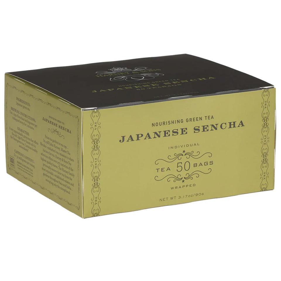 Harney & Sons Japanese Sencha tea bags in a box, ideal for everyday green tea.