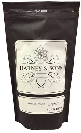 Harney & Sons Japanese Sencha tea sachets in resealable box for fresh daily brewing.
