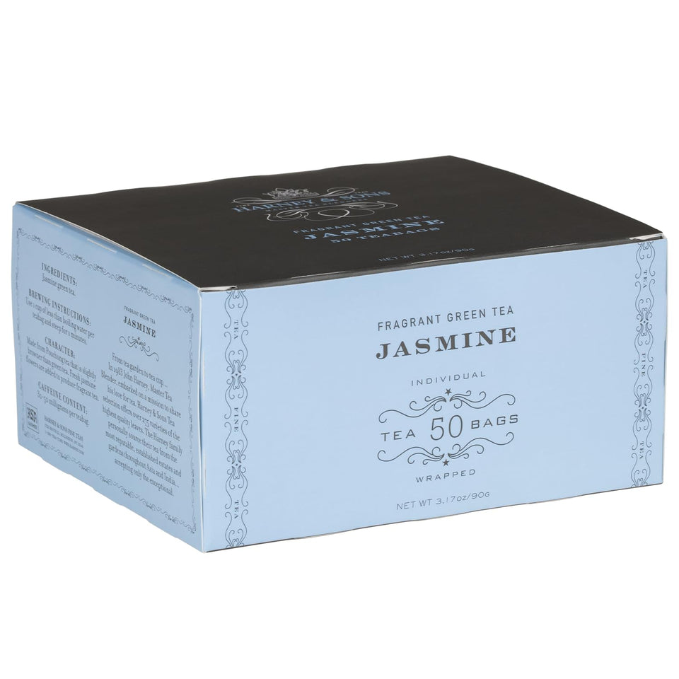 Harney & Sons Jasmine Fragrant Green Tea teabag box offers travel convenience.