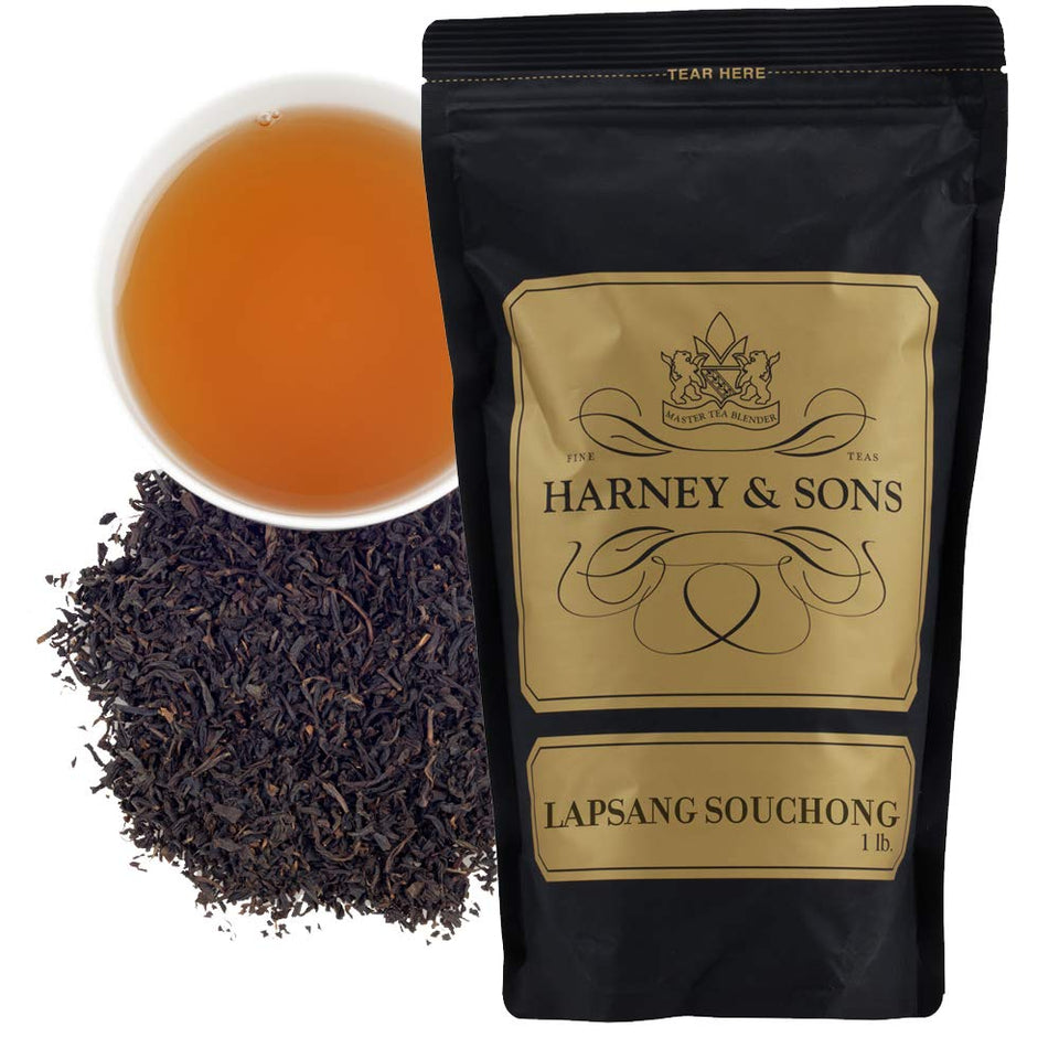 Harney & Sons Lapsang Souchong loose-leaf tea in 16 oz bulk bag with smoky aroma for bold cups.