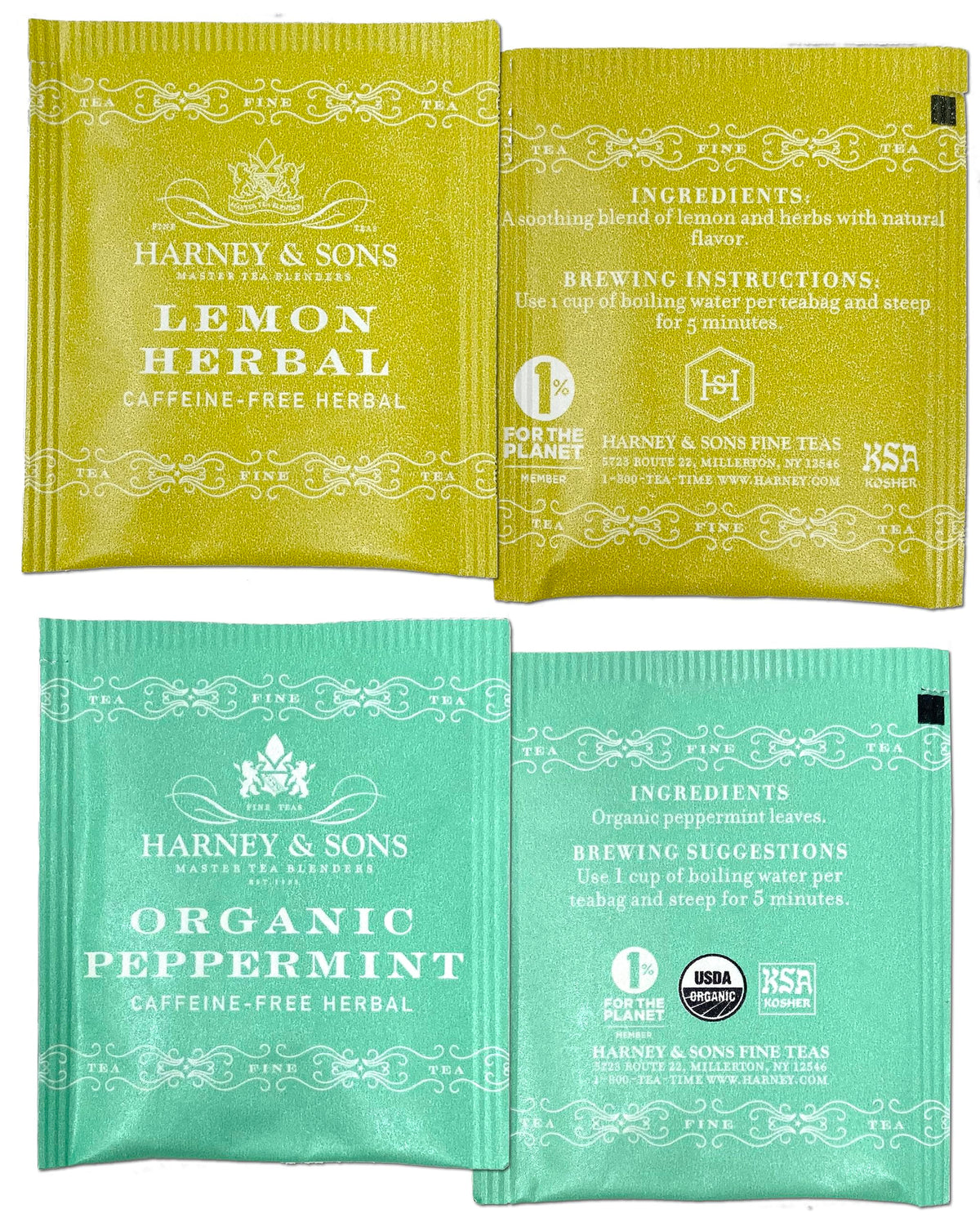 Harney & Sons lemon herbal tea bag provides bright citrus notes.