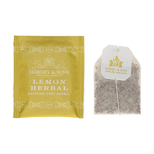 Harney & Sons Lemon Herbal Tea ingredients close-up showing lemongrass and lemon zest for flavor.