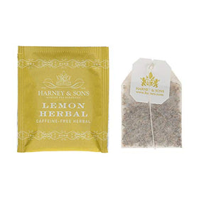 Harney & Sons Lemon Herbal Tea ingredients close-up showing lemongrass and lemon zest for flavor.