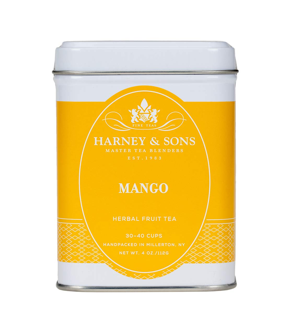 Harney & Sons Mango Fruit Tea tin showing the ruby-red brew and product packaging.
