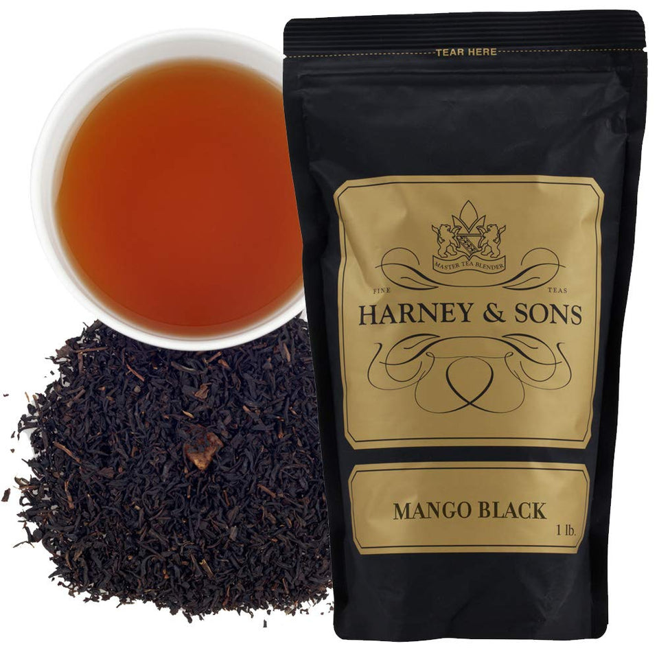 Harney & Sons Mango Tea dry black tea leaves with mango pieces for tropical aroma.