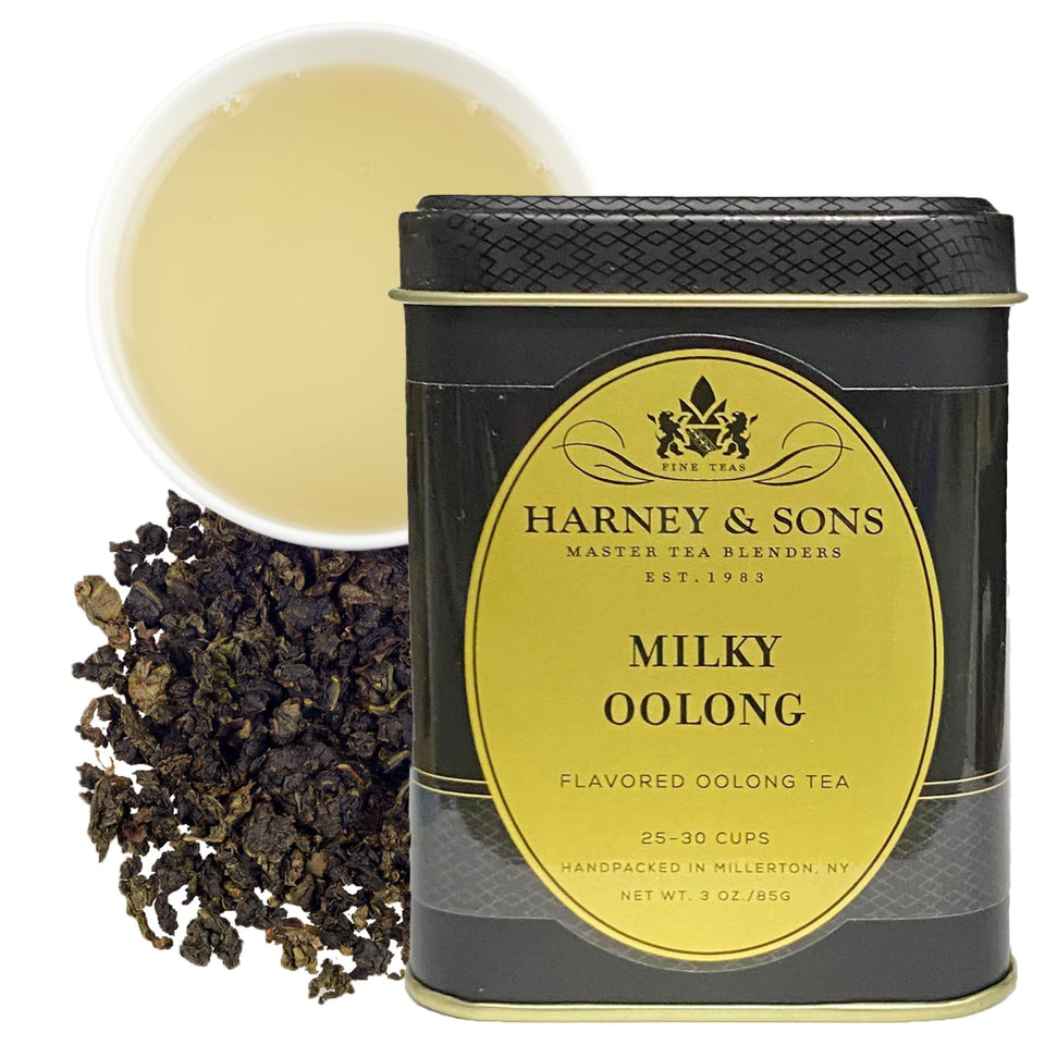 Harney & Sons Milky Oolong loose-leaf tea in a 3 oz tin, rich aroma.