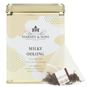 Harney & Sons Milky Oolong Tea tin, front view, creamy aroma for cozy mornings
