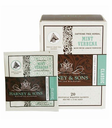 Harney & Sons Mint Verbena tea sachets, a caffeine-free herbal blend with mint and lemon verbena