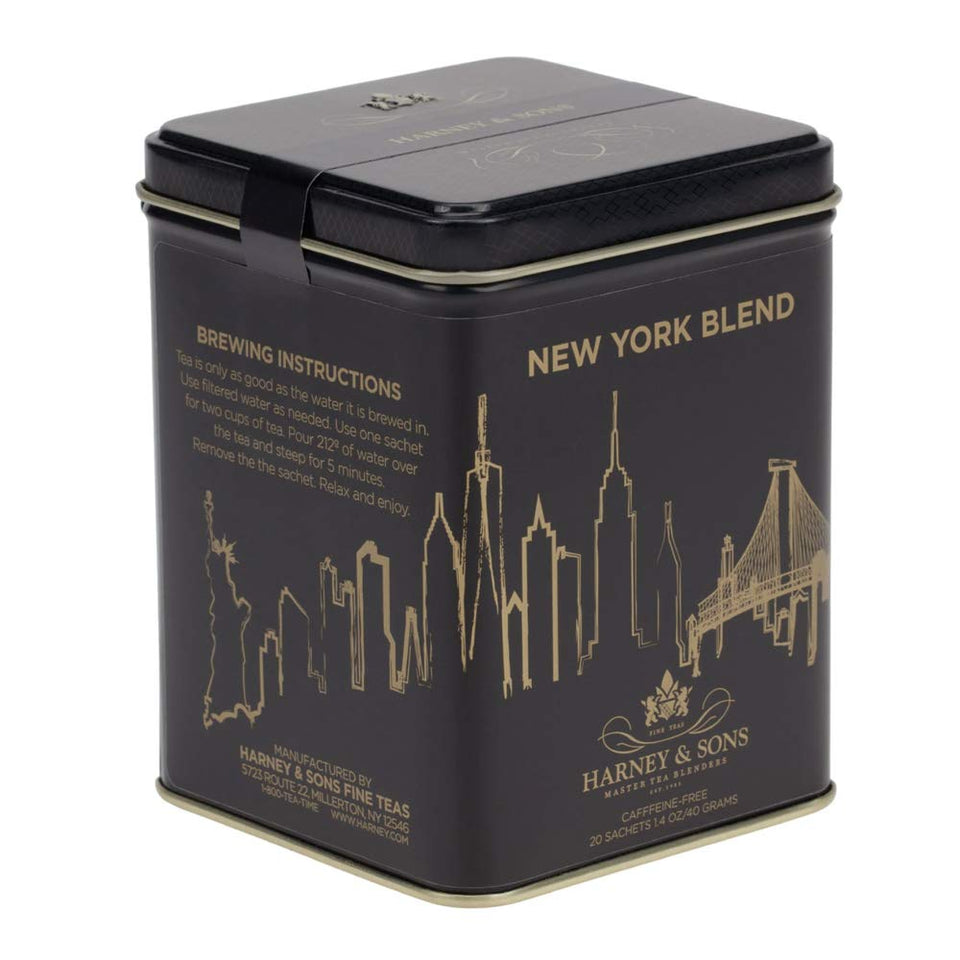 Harney & Sons New York Blend sachets ready to brew a calming, caffeine-free 12 oz cup.