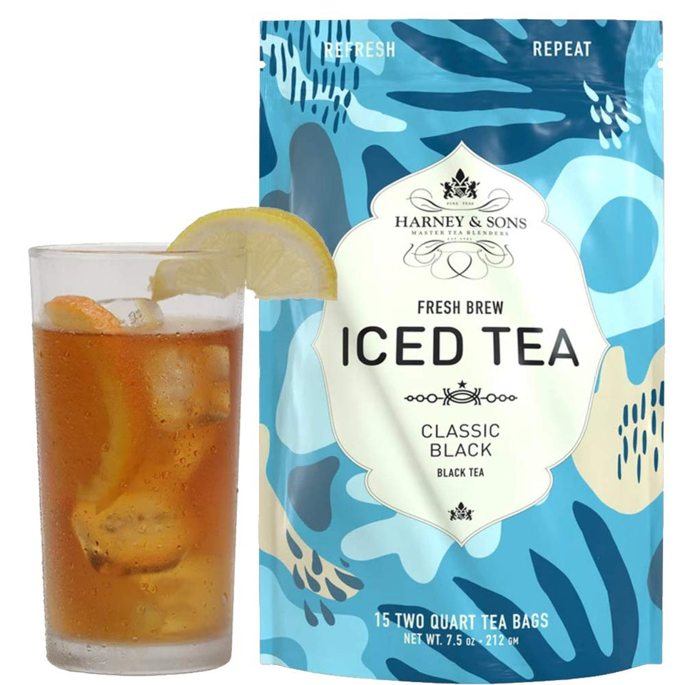 Harney & Sons Organic Black Fresh Brew Iced Tea packaging with convenient 15-count pouches for quick cold brew.