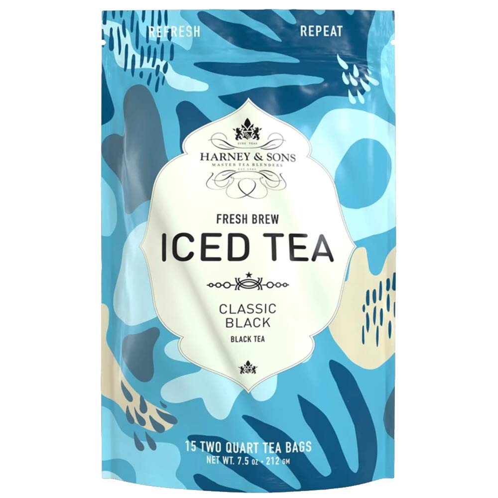 Harney & Sons Organic Black Fresh Brew Iced Tea tea pouches brew two quarts, ideal for summer gatherings.