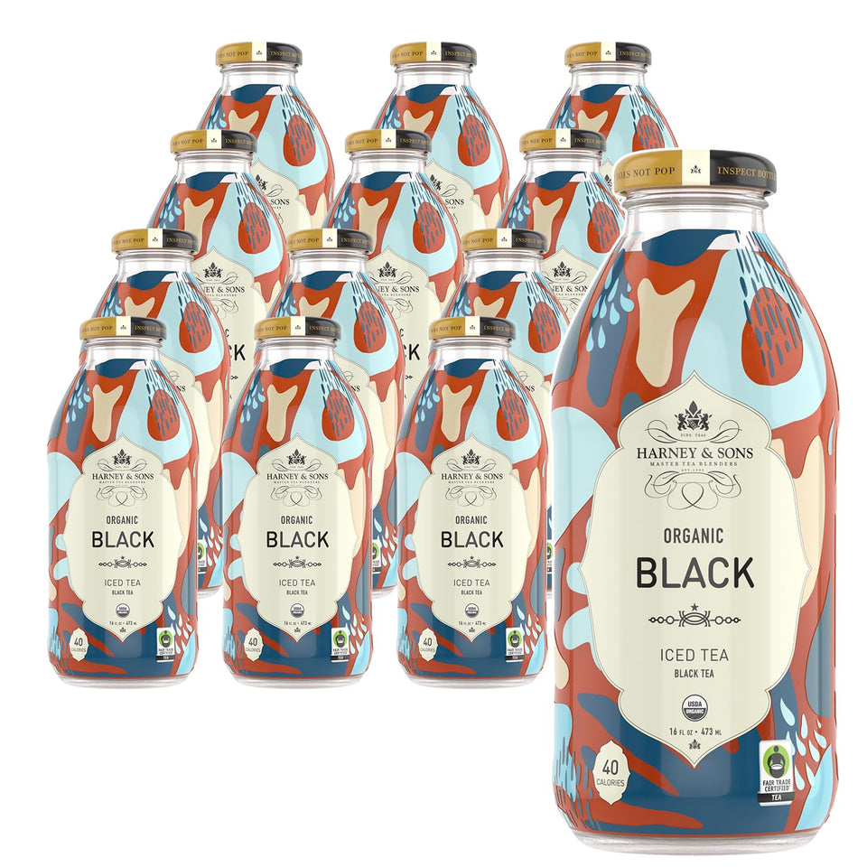 Harney & Sons Organic Black Iced Tea glass bottle, a refreshing 16 oz serving ideal for summer gatherings.
