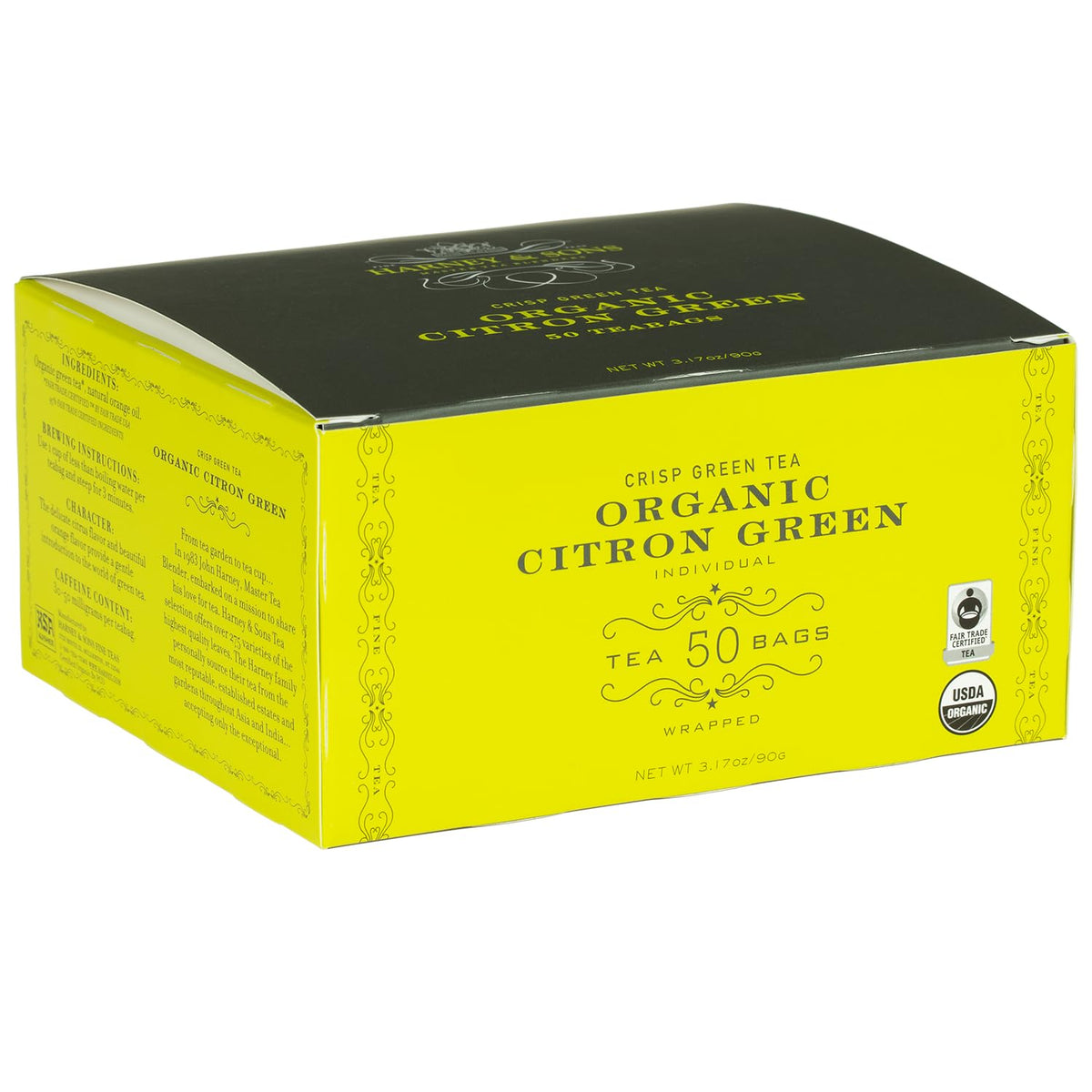 Harney & Sons Organic Citron Green Tea bag, crisp citrus aroma, refreshing light cup.