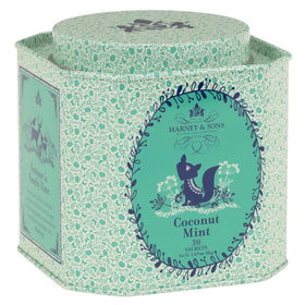 Harney & Sons Organic Coconut Mint tea tin for a playful, caffeine-free refreshment.