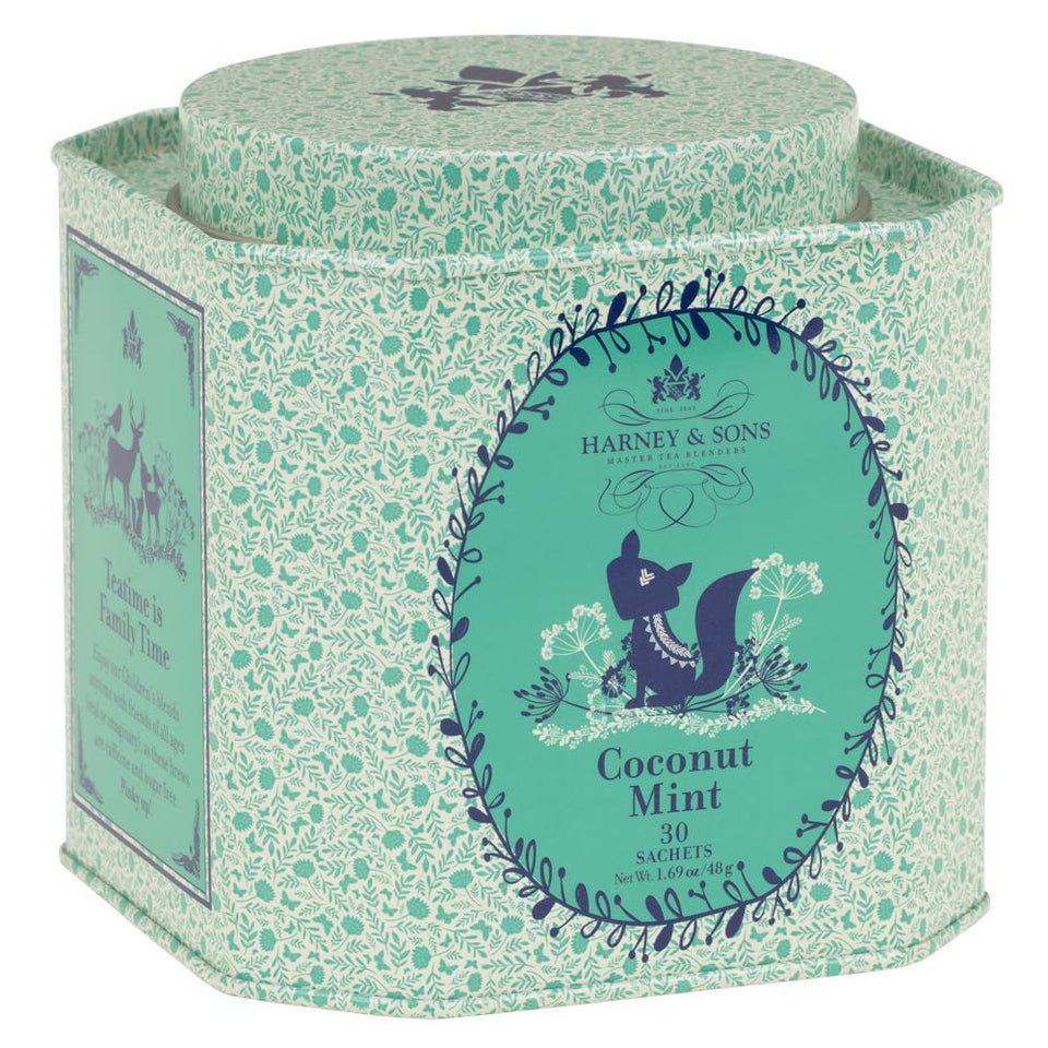 Harney & Sons Organic Coconut Mint tea tin for a playful, caffeine-free refreshment.