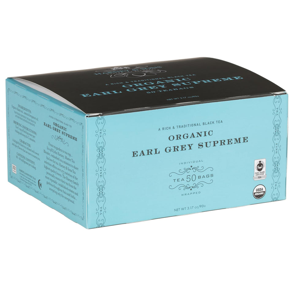 Harney & Sons Organic Earl Grey Supreme box of 50 tea bags for convenient daily brewing.