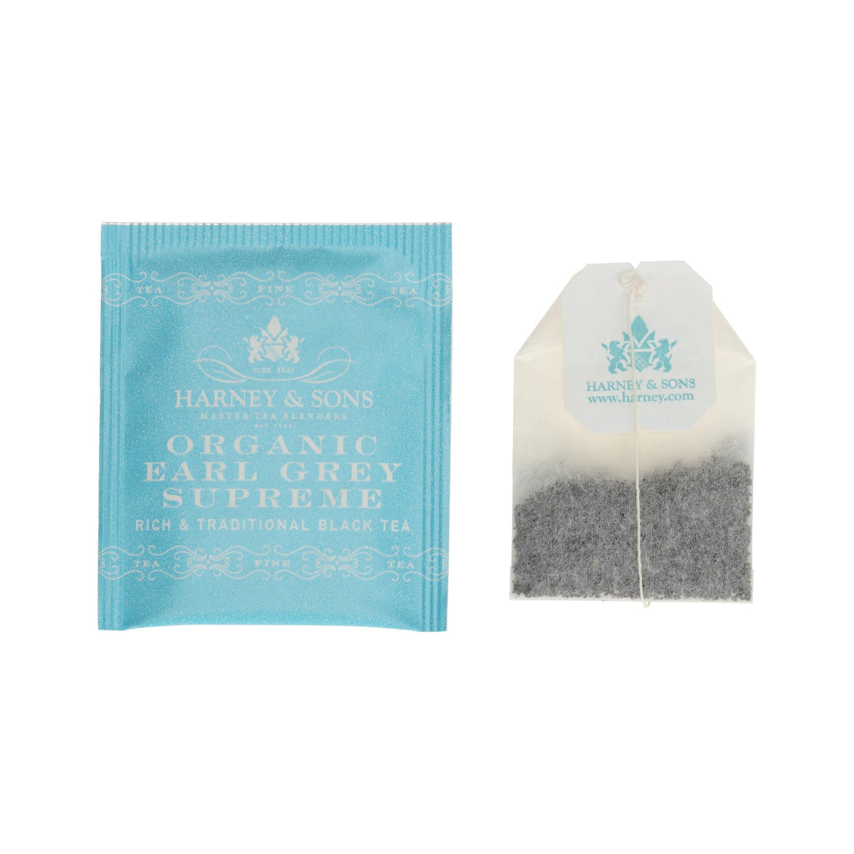 Harney & Sons Earl Grey Supreme tea bag close-up ready to steep for a fragrant cup.