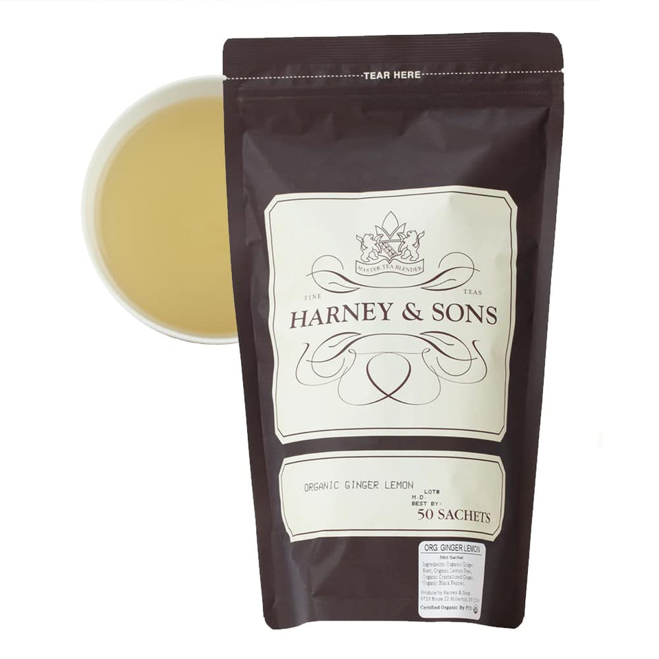 Harney & Sons Organic Ginger Lemon tea sachet; caffeine-free with bright lemon and warm ginger.