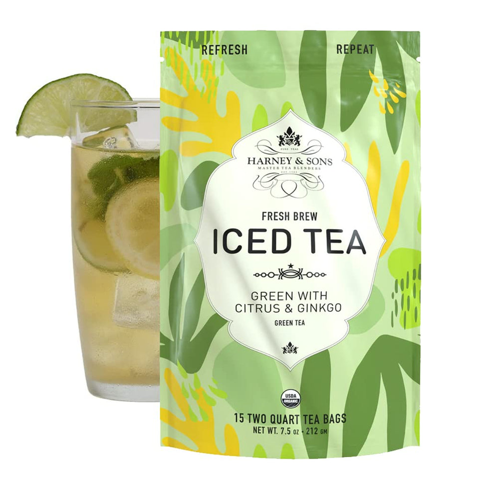 Harney and Sons Organic Green Citrus Ginkgo iced tea, ideal for refreshing iced beverages.