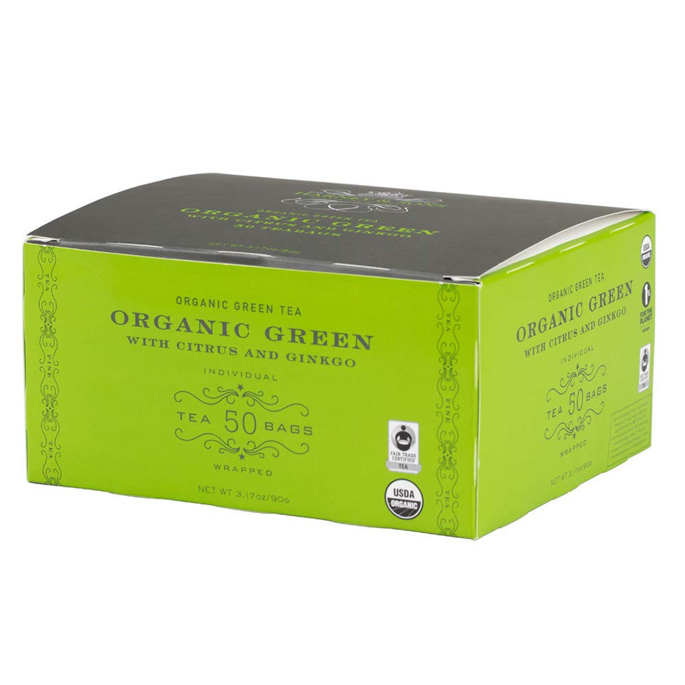 Harney & Sons Organic Green Tea with Citrus & Ginkgo teabags deliver bright, refreshing flavor.