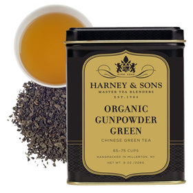 Harney & Sons Organic Gunpowder Green loose-leaf tin seen from the top, fresh aroma implied
