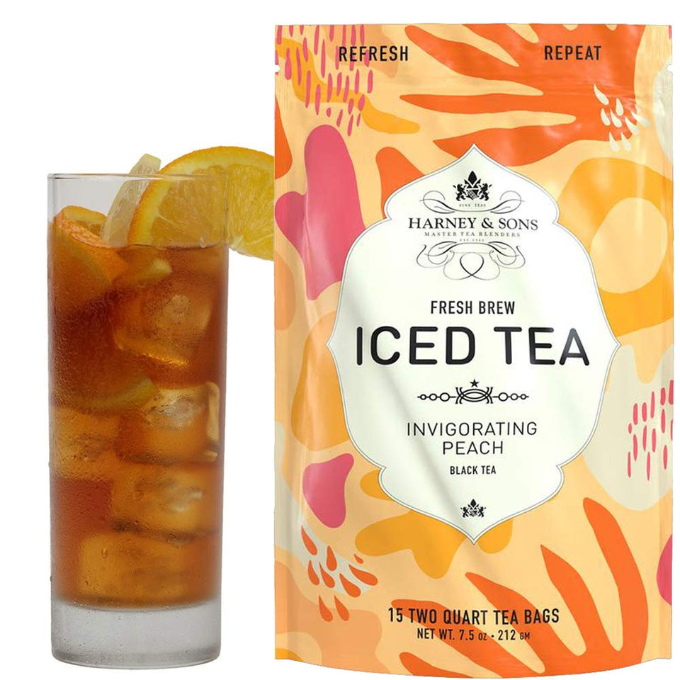 Harney and Sons Organic Peach Fresh Brew Iced Tea pour showcasing refreshing peach notes.