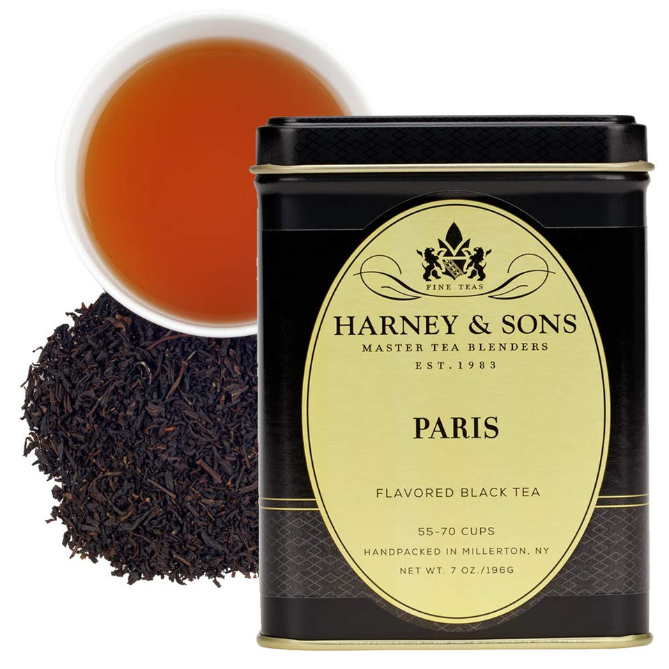 Harney & Sons Paris Black Tea tin 7oz showcases premium loose-leaf packaging for daily brewing.