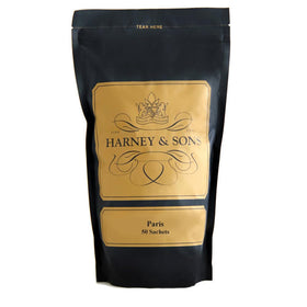 Harney & Sons Paris tea sachets close-up, fragrant and convenient for quick servings.