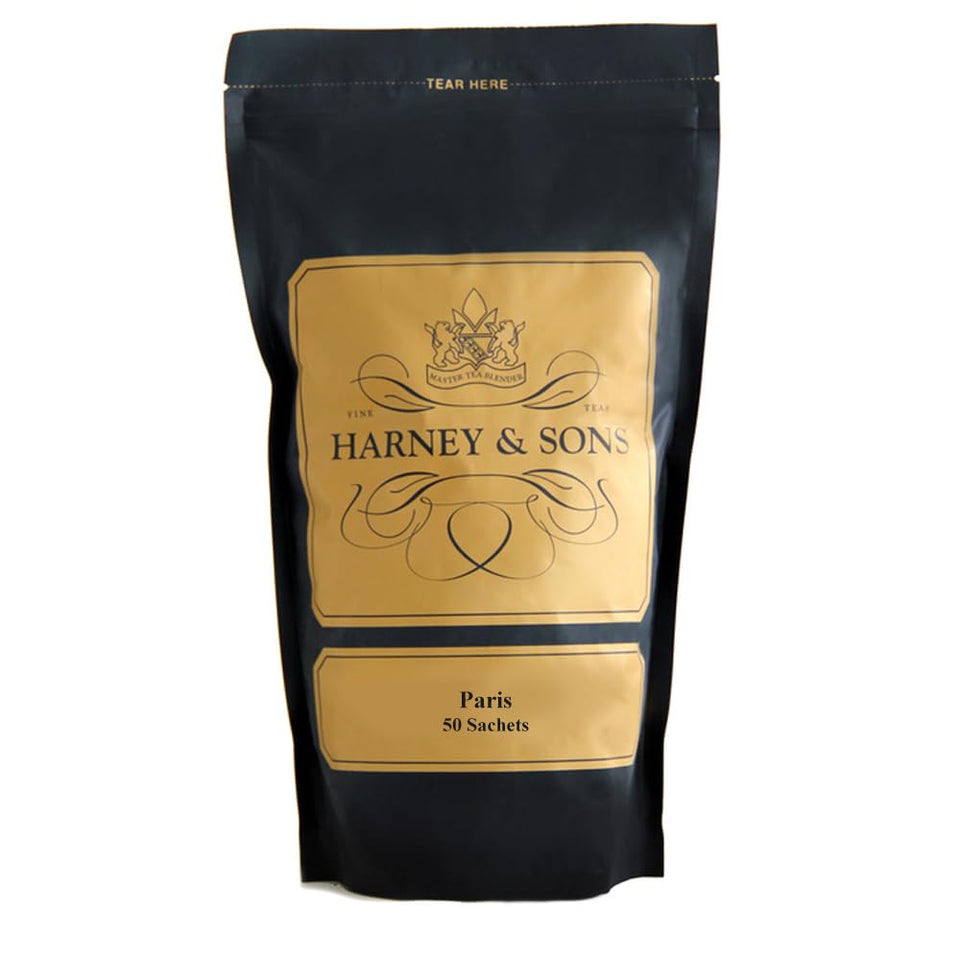 Harney & Sons Paris tea sachets close-up, fragrant and convenient for quick servings.