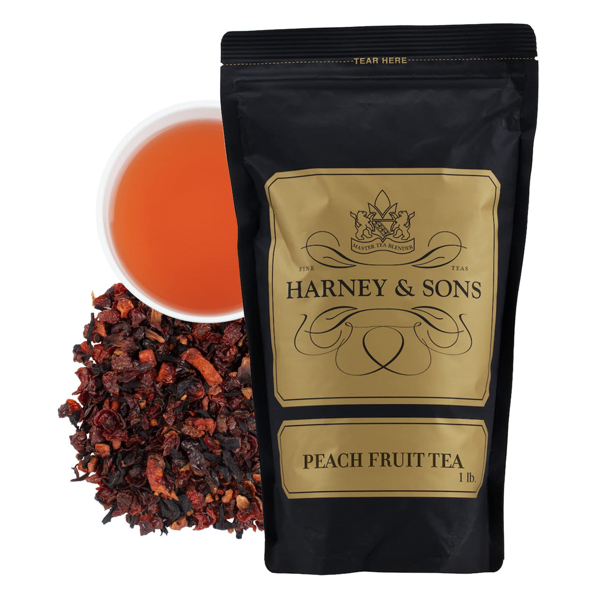 Harney & Sons Peach Fruit Tea brew in a cup, caffeine-free ruby infusion.