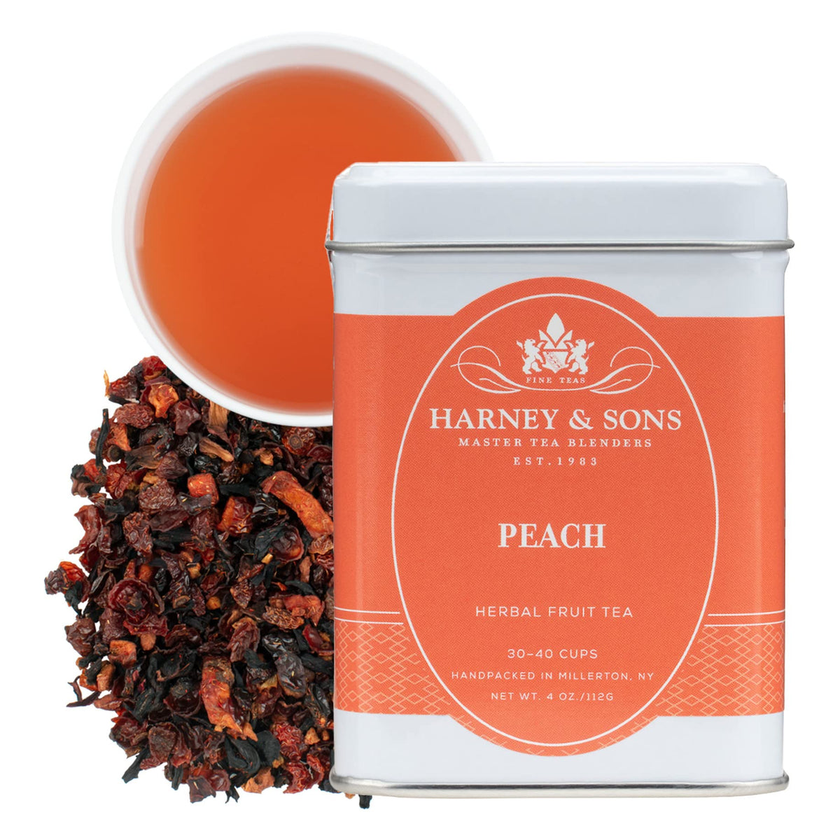 Harney & Sons Peach Fruit Tea loose leaf, vibrant ruby infusion, caffeine-free for anytime sipping.