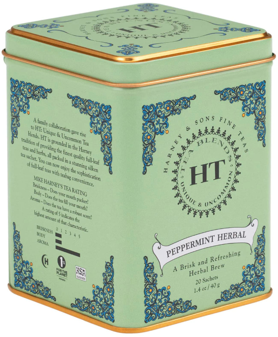 Harney & Sons Peppermint Herbal Tin offers refreshing peppermint tea for hot or cold serving