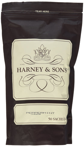 Harney and Sons peppermint sachets on table, crisp aroma and refreshing taste.