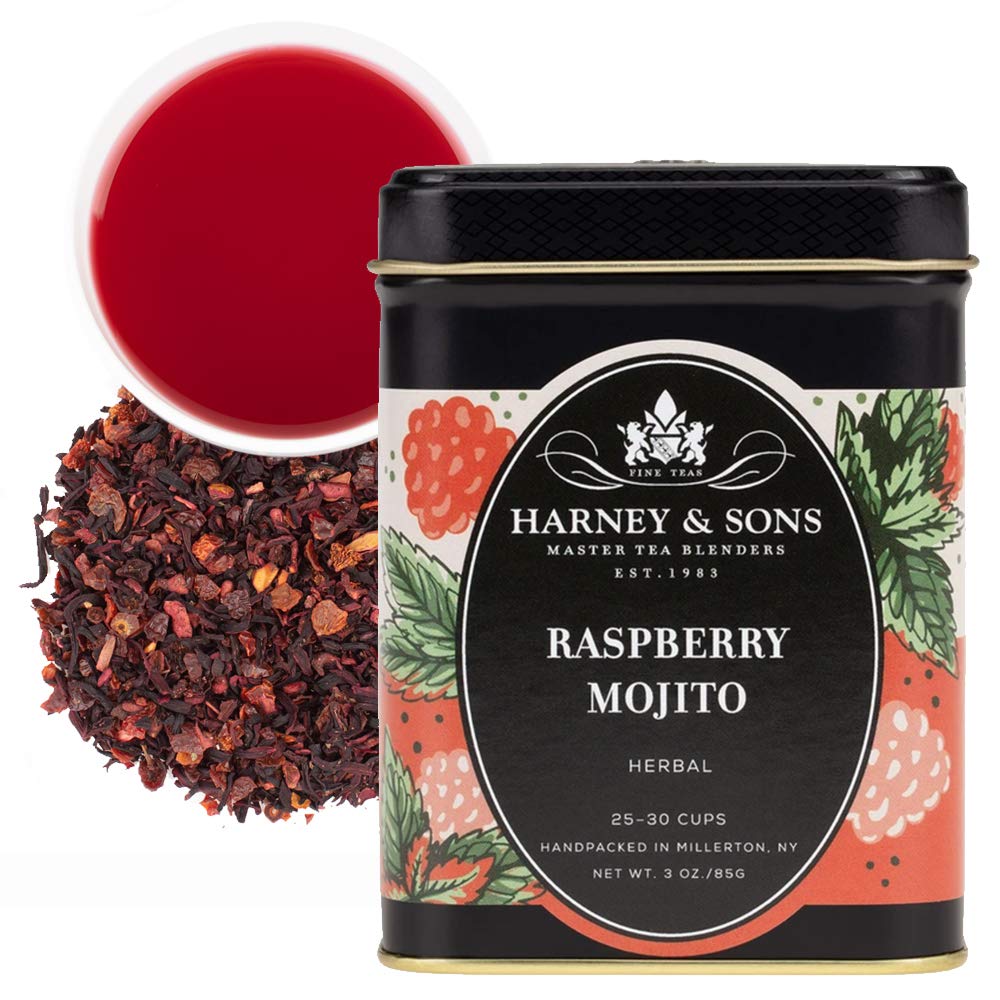 Harney & Sons Raspberry Mojito loose leaf tea tin ready for hot or iced brew.