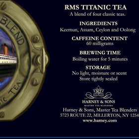 Harney & Sons RMS Titanic packaging front, elegant tin celebrating maritime history.