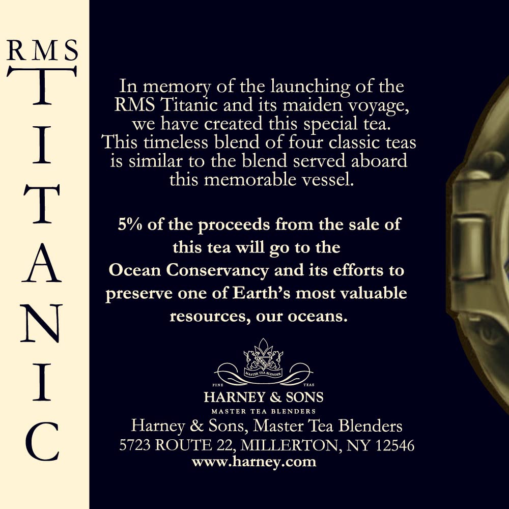 Harney & Sons RMS Titanic tea sachets close-up, classic black blend reflecting 1912 flavors.