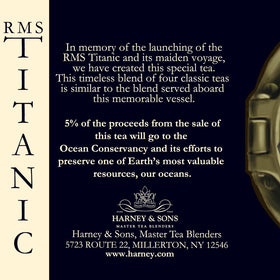 Harney & Sons RMS Titanic tea sachets close-up, classic black blend reflecting 1912 flavors.